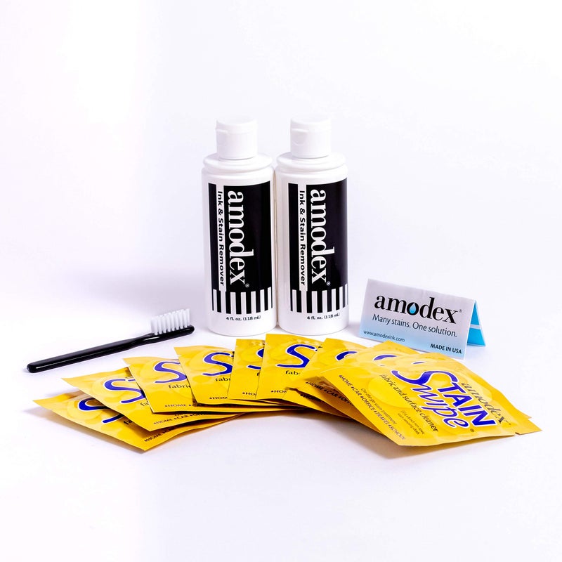 Amodex Ink & Stain Remover Arsenal, Safe and Effective on Clothes, Leather and Skin, Full Set for all your Stain Removal Needs, Includes 2 Bottles, 1 Brush, 10 Wipes - Image 1